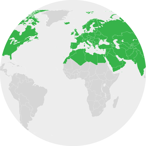 Европа, Северная Африка, Азия, Северная Америка
